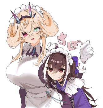 2girls apron barghest_(fate) barghest_(swimsuit_archer)_(second_ascension)_(fate) blonde_hair breasts brown_eyes brown_hair fate/grand_order fate_(series) gloves green_eyes heterochromia highres kawakami_gensai_(fate) kawakami_gensai_(second_ascension)_(fate) large_breasts long_hair maid_apron maid_headdress multiple_girls peeking_out red_eyes simano_858 white_background white_gloves