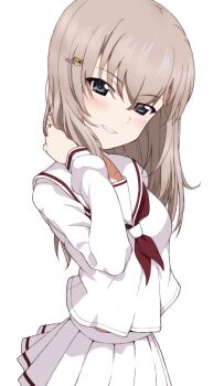 1girl arm_behind_back black_neckerchief blue_eyes blush boko_(girls_und_panzer) character_hair_ornament commentary cowboy_shot girls_und_panzer grey_hair hair_ornament half-closed_eyes hand_in_own_hair itsumi_erika kayabakoro long_sleeves looking_at_viewer medium_hair midriff_peek miniskirt neckerchief parted_lips pleated_skirt sailor_collar school_uniform serafuku shirt simple_background skirt smile solo standing white_background white_sailor_collar white_shirt white_skirt