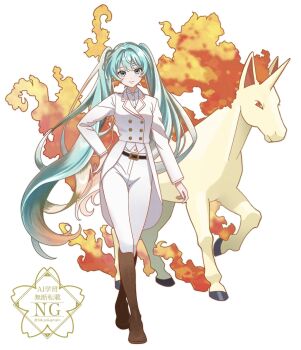 1girl aqua_eyes aqua_hair blue_eyes blue_hair boots breasts brown_boots closed_mouth commentary_request fiery_hair fiery_tail fire gen_1_pokemon hair_between_eyes hatsune_miku highres horns horse jacket long_hair looking_at_viewer nintendo pants pokemon pokemon_(creature) rapidash red_eyes sakusakupenpen shirt single_horn smile tail twintails unicorn very_long_hair vocaloid white_jacket white_pants white_shirt