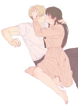 1boy 1girl absurdres barefoot black_hair black_pants blonde_hair blue_eyes blush breasts closed_eyes collared_dress couple dress furrowed_brow hair_between_eyes hand_in_another's_hair hetero highres husband_and_wife imminent_kiss long_hair looking_at_another medium_breasts moobki pants pink_dress shirt short_hair spy_x_family t-shirt twilight_(spy_x_family) white_background white_shirt yor_briar