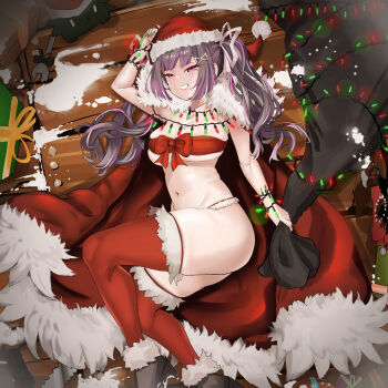 1girl ass bikini breasts brown_hair christmas_present coat gift green_nails grin hat heiz_illust highres himemiya_rie legs lying mole mole_on_breast multicolored_hair navel phase_connect pink_eyes pink_hair red_nails red_thighhighs santa_costume santa_hat saw smile snow streaked_hair swimsuit thick_thighs thighhighs thighs twintails underboob virtual_youtuber wrench