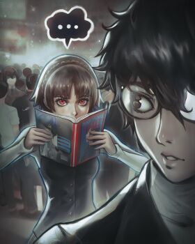 1boy 1girl akechi_gorou amamiya_ren black_eyes black_hair black_jacket black_vest book braid brown_hair chapinor crowd crown_braid highres holding holding_book jacket long_sleeves looking_at_another looking_back niijima_makoto outdoors persona persona_5 red_eyes school_uniform shuujin_academy_school_uniform speech_bubble stalking vest