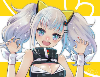 1girl animal_ears bare_shoulders black_nails black_shirt blue_eyes blue_nails breast_cutout breasts cleavage d-pad d-pad_hair_ornament dated fake_animal_ears grey_hair hair_ornament hairclip hands_up high_collar kaguya_luna long_hair medium_breasts nail_polish open_mouth red_nails ren-co ribbon shirt sleeveless sleeveless_shirt smile solo sparkle teeth the_moon_studio twintails upper_body upper_teeth_only virtual_youtuber white_background wrist_ribbon yellow_background