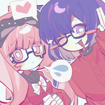 1boy 1girl :/ ;d black_bow black_sailor_collar blush blush_stickers bow bowtie breasts bright_pupils brother_and_sister chinese_commentary closed_mouth colored_inner_hair commentary_request film_grain gakuran glasses hair_bow heart highres jacket long_hair long_sleeves multicolored_hair one_eye_closed open_mouth own_hands_together pink_eyes pink_hair purple-framed_eyewear purple_eyes purple_hair red_jacket red_shirt sailor_collar school_uniform semi-rimless_eyewear shirt short_hair siblings sleeves_past_wrists small_breasts smile speech_bubble spoken_heart spoken_sweatdrop sweatdrop teardrop-framed_glasses the_hundred_line_-last_defense_academy- tsukumo_ima tsukumo_kako twins two-tone_hair v white_bow white_bowtie white_pupils zhanglang_zlly
