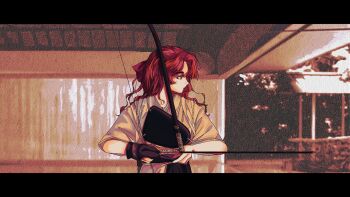 Rule 34 | 1girl, archery, archery dojo, arrow (projectile), bow (weapon), brown kimono, closed mouth, commentary request, expressionless, from side, gloves, hair ribbon, highres, holding, holding arrow, holding bow (weapon), holding weapon, huangmen33ji, japanese clothes, kimono, kyuudou, letterboxed, long hair, looking to the side, manimani (vocaloid), muneate, parody, partially fingerless gloves, partly fingerless gloves, photo background, profile, red eyes, red hair, red ribbon, ribbon, sayonara wo oshiete, short sleeves, solo, tasuki, ueno koyori, upper body, weapon, yugake, yumi (bow)
