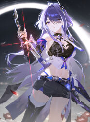 Rule 34 | 1girl, absurdres, acheron (honkai: star rail), bandaged leg, bandages, belt, black belt, black choker, black gloves, black shorts, breasts, choker, cleavage, commentary request, cowboy shot, criss-cross halter, crop top, elbow gloves, gloves, halterneck, highres, holding, holding sword, holding weapon, honkai: star rail, honkai (series), katana, large breasts, leg tattoo, long hair, looking at viewer, midriff, navel, parted lips, purple eyes, purple hair, rizu033, scabbard, sheath, sheathed, short shorts, shorts, single bare shoulder, solo, standing, stomach, sword, tattoo, thighs, very long hair, weapon
