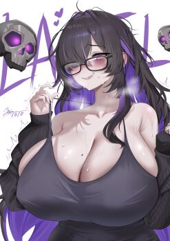 1girl absurdres armpit_crease bags_under_eyes bare_shoulders black-framed_eyewear black_cardigan black_dress black_hair blush breasts breasts_squeezed_together breath cardigan cleavage colored_inner_hair dress floating_skull gigantic_breasts glasses goddess_of_victory:_nikke hair_over_one_eye highres huge_breasts label_(nikke) large_breasts long_hair looking_at_viewer mojyo mole mole_on_breast multicolored_hair nervous_smile purple_eyes purple_hair purple_streaks skindentation smile solo steam strap_pull sweat taut_clothes taut_dress toto928998031 trembling two-tone_hair very_sweaty