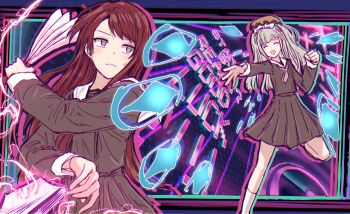 2girls :d ^_^ arisugawa_academy_school_uniform brown_eyes brown_neckerchief brown_serafuku brown_shirt brown_skirt closed_eyes commentary d4dj english_text frilled_hat frills grey_hair hat highres holding holding_paper kasuga_haruna leg_up long_hair multiple_girls neckerchief open_mouth orange_hat paper pleated_skirt red_hair sailor_collar school_uniform serafuku shiratori_kurumi_(d4dj) shirt skirt smile sweatdrop two_side_up white_sailor_collar yukitake_(bullfalk)