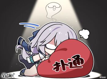 Rule 34 | 1girl, bean bag chair, black-framed eyewear, black background, blue coat, canace (stella sora), chibi, chibi only, chinese commentary, chinese text, coat, coat on shoulders, commentary request, exhausted, face down, full body, giving up the ghost, glasses, gloves, grey hair, highres, long hair, miniskirt, official art, opaque glasses, pleated skirt, puff of air, semi-rimless eyewear, shirt, simple background, skirt, solo, sound effects, spotlight, stella sora, translation request, under-rim eyewear, very long hair, white gloves, white shirt, white skirt