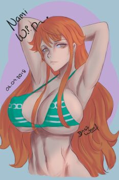 1girl 2018 armpits arms_behind_head artist_name bikini bikini_top_only breasts brown_eyes character_name cleavage cropped_torso dated ensouwon green_bikini half-closed_eyes highres large_breasts looking_at_viewer nami_(one_piece) nami_(one_piece)_(return_to_sabaody) navel one_piece orange_hair solo striped_bikini striped_clothes swimsuit toned toned_female underboob unfinished upper_body