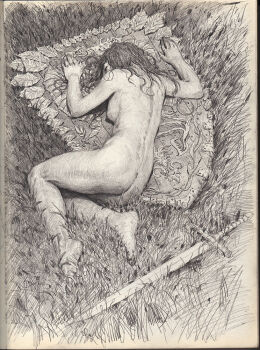 1girl ass commentary english_commentary from_above from_behind graphite_(medium) grass monochrome nude original shield sleeping solo sword traditional_media weapon yintion