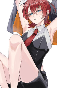 ange_katrina armpits arms_up bare_legs black_jacket black_shirt black_shorts blue_eyes blush breasts bright_pupils collared_shirt commentary_request crossed_bangs eyelashes feet_out_of_frame hair_between_eyes hair_ornament half-closed_eyes halter_shirt halterneck jacket jacket_partially_removed knees_up layered_shirt long_bangs looking_at_viewer necktie nijisanji nontraditional_playboy_bunny official_alternate_costume orange_jacket parted_lips red_hair red_necktie shirt shonimon short_hair shorts simple_background sitting sleeveless sleeveless_shirt small_breasts triangle_hair_ornament two-sided_fabric two-sided_jacket virtual_youtuber white_background white_pupils white_shirt wolf_cut