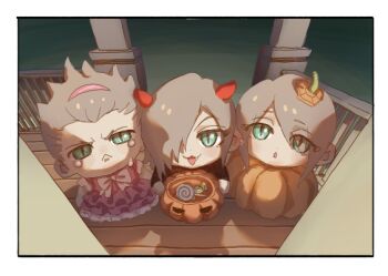 Rule 34 | 3boys, :3, :o, aged down, alternate costume, black border, border, bow, bucket, cairenai123, chibi, commentary, crossdressing, crossdressing (mtf), crying, demon horns, doorway, dress, dress bow, fake horns, fang, final fantasy, final fantasy vii, final fantasy vii: advent children, frilled dress, frills, from above, frown, furrowed brow, green eyes, grey hair, hair slicked back, halloween, halloween bucket, halloween costume, headband, holding, holding bucket, horns, inset border, jack-o'-lantern, kadaj, looking at viewer, looking up, loz, male focus, multiple boys, night, open mouth, outdoors, pink bow, porch, pov, pov doorway, pumpkin costume, purple dress, purple headband, slit pupils, smile, standing, symbol-only commentary, tears, wooden porch, yazoo