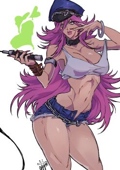 1girl absurdres armlet blue_eyes blue_hat bracelet breasts chain_belt cleavage collar commentary crop_top denim denim_shorts english_commentary final_fight fingernails gogogomorrah_(gggm) hat heart highres holding holding_whip jewelry large_breasts long_fingernails long_hair looking_to_the_side micro_shorts midriff navel off_shoulder open_fly peaked_cap pink_hair pink_lips poison_(final_fight) red_nails short_shorts shorts silver_armlet silver_bracelet simple_background solo tank_top thick_thighs thighs white_background