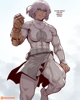 1girl absurdres breasts clenched_hands commentary conquest_(invincible) covered_abs english_commentary floating foot_out_of_frame genderswap genderswap_(mtf) grey_eyes highres invincible_(series) large_breasts mechanical_arms muscular muscular_female patreon_username scar scar_across_eye scar_on_face short_hair single_mechanical_arm smirk solo speedl00ver teeth veins white_bodystocking white_eyes white_hair