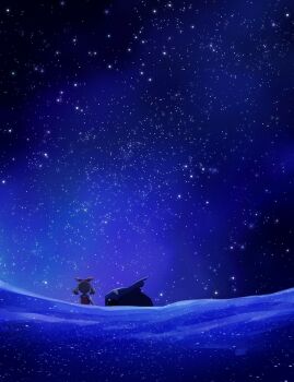 1girl bow bow_hairband brown_hair ennmimi facing_away gen_3_pokemon hairband highres may_(pokemon) night night_sky nintendo ocean outdoors pokemon pokemon_(creature) pokemon_oras red_bow red_shirt sharpedo shirt sky star_(sky) starry_sky twintails