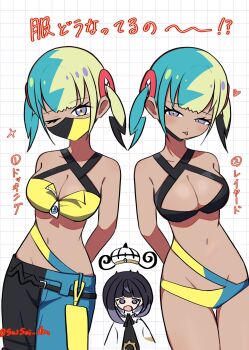 2girls aqua_hair armpit_crease bandeau bare_shoulders belt black_bra black_dress black_hair black_mask black_pants blonde_hair blue_pants blush bob_cut bra breasts canari_(pokemon) center-flap_bangs cleavage coat commentary_request criss-cross_halter criss-cross_straps crop_top dress eyelashes gloves gradient_hair grid_background groin gwynn_(pokemon) halterneck hasu_175 hat heart highres jacket lingerie looking_at_viewer mask mask_pull mega_ring mega_stone midriff mouth_mask multicolored_hair multiple_girls navel nintendo o-ring o-ring_belt one_eye_closed open_clothes open_coat pants pokemon pokemon_legends:_z-a purple_eyes purple_hair short_hair short_twintails simple_background split-color_hair stomach thighs tongue tongue_out translation_request twintails twitter_username two-tone_hair two-tone_mask two-tone_pants underwear upper_body white_coat yellow_bandeau yellow_jacket yellow_mask