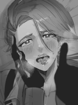 1boy 1girl ahoge black_gloves blush ear_piercing earrings gloves grey_shirt hand_on_another&#039;s_face highres jewelry long_hair looking_at_viewer low_ponytail monochrome nintendo piercing pokemon pokemon_sv ponytail rika_(pokemon) saliva shirt suspenders swept_bangs ukyu_(komarukoune) very_long_hair