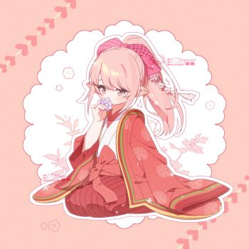1girl absurdres border bow closed_mouth commission final_fantasy final_fantasy_xiv flower hair_bow hakama hakama_skirt hand_up hashtag-only_commentary highres holding holding_flower irregular_border japanese_clothes kimono lalafell layered_kimono light_blush long_hair long_sleeves looking_at_viewer original outside_border pink_border pink_bow pink_eyes pink_hair pink_kimono pink_sash pointy_ears ponytail print_kimono red_skirt sash seiza shiokori sidelocks single_sleeve_past_fingers sitting skirt smile solo swept_bangs warrior_of_light_(ff14) water white_background white_kimono wide_sleeves