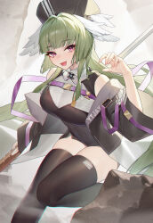 Rule 34 | 1girl, absurdres, arknights, bare shoulders, bird girl, black hat, black romper, black thighhighs, blunt bangs, blush, breasts, chinese commentary, chromatic aberration, commentary request, covered navel, darling0221, feather hair, feathers, green hair, hat, hat feather, head wings, highres, holding, id card, jacket, long hair, looking at viewer, medium breasts, poncirus (arknights), purple eyes, shirt, sidelocks, skindentation, sleeveless, sleeveless shirt, solo, thighhighs, thighs, white feathers, wings