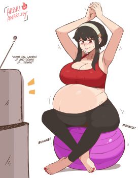 1girl absurdres arbrianarchy artist_name belly big_belly black_hair breasts closed_mouth commentary english_commentary english_text exercising fat full_body highres pregnant red_nails solo spy_x_family television yor_briar