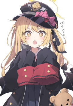 1girl absurdres animal_bag bag bear_bag black_coat black_ribbon black_tail black_wings blonde_hair blue_archive blush bow chestnut_mouth coat demon_girl demon_tail demon_wings dress gehenna_academy_logo hair_ribbon halo hands_up hat hat_bow hat_ornament heart heart_hat_ornament highres ibuki_(blue_archive) long_hair long_sleeves looking_at_viewer low_wings motion_lines open_mouth peaked_cap pinafore_dress pink_bow pointy_ears red_ribbon ribbon shoulder_bag side_ponytail simple_background sleeveless sleeveless_dress sleeves_past_fingers sleeves_past_wrists solo sonoji star_(symbol) tail tail_wagging upper_body v-shaped_eyebrows white_background wings yellow_eyes yellow_halo