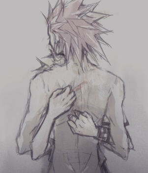 Rule 34 | 2boys, axel (kingdom hearts), back, back focus, checkered clothes, commentary, english commentary, from behind, grey background, grey theme, hair slicked back, height difference, hug, illbewaiting, kingdom hearts, kingdom hearts ii, male focus, medium hair, multiple boys, muted color, roxas, spiked hair, topless male, upper body, wristband, yaoi