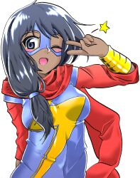 Rule 34 | 1girl, animification, black hair, blue shirt, blush, breasts, dark-skinned female, dark skin, highres, kamala khan, lightning bolt symbol, long hair, long sleeves, looking at viewer, marvel, ms. marvel, neo (neovariable), one eye closed, red scarf, red shirt, scarf, shirt, simple background, small breasts, smile, solo, star (symbol), superhero costume, upper body, v, white background