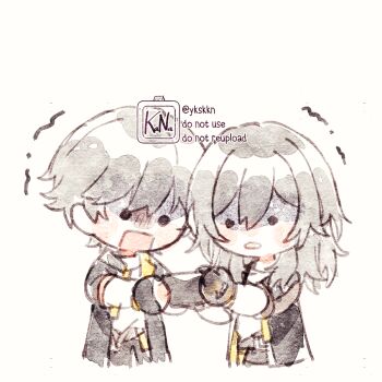 1boy 1girl black_coat black_eyes black_gloves black_jacket black_pants black_skirt caelus_(honkai:_star_rail) coat commentary_request cowboy_shot dual_persona fingerless_gloves gloves grey_hair hair_between_eyes hand_up holding holding_wallet honkai:_star_rail honkai_(series) hood hooded_coat jacket kana_(ykskkn) lapels long_hair long_sleeves looking_at_object miniskirt open_clothes open_coat open_jacket open_mouth pants scared shirt short_hair sidelocks simple_background skirt standing stelle_(honkai:_star_rail) t-shirt trailblazer_(honkai:_star_rail) trembling wallet white_background white_shirt