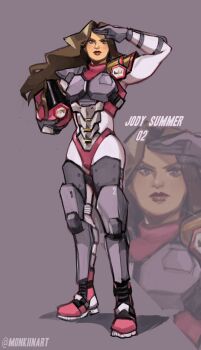 1girl alternate_costume armor brown_hair f-zero full_body gloves helmet highres holding holding_unworn_helmet jody_summer long_hair monkii_(mjooolnina) nintendo pauldrons red_lips salute shoulder_armor solo standing unworn_headwear unworn_helmet