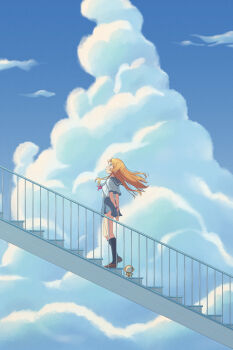 1girl absurdres arms_behind_back black_socks blonde_hair blue_eyes blue_sailor_collar blue_skirt blue_sky blush blush_stickers brown_shoes cloud collared_shirt day floating_hair from_side full_body hair_ornament highres kousaka_kirino kousaka_kirino's_school_uniform loafers long_hair looking_up miniskirt monkey neckerchief ore_no_imouto_ga_konna_ni_kawaii_wake_ga_nai outdoors pleated_skirt profile red_neckerchief sailor_collar sailor_shirt scarletsky school_uniform serafuku shirt shoes short_sleeves skirt sky socks solo stairs standing stuffed_animal stuffed_monkey stuffed_toy white_shirt