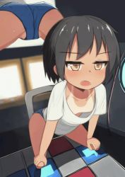 1girl animated ass black_hair blush breasts brown_eyes downblouse fang female_focus heavy_breathing jitome leaning_forward loli lowres multiple_views nipples no_bra open_mouth heavy_breathing partially_visible_vulva short_hair small_breasts standing sweat tai_ichi tan tanline video
