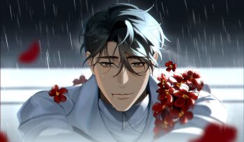 Rule 34 | 1boy, absurdres, alien stage, artist name, black eyes, black hair, blood, coat, commentary, english commentary, flower, highres, ivan (alien stage), male focus, rain, red flower, shirt, short hair, signature, solo, very short hair, white coat, white shirt, xnighten