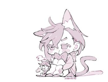 Rule 34 | 1boy, 1girl, animal ear fluff, animal ears, ayase momo, blush, blush stickers, bow, bowtie, cat ears, cat girl, cat tail, chibi, chibi only, comimingming, crossed bangs, dandadan, dated, dog boy, dog ears, earrings, fish earrings, furrowed brow, glasses, hair between eyes, hugging own legs, jewelry, kemonomimi mode, loose socks, medium hair, monochrome, round eyewear, school uniform, size difference, socks, tail, tail wagging, takakura ken (dandadan), white background