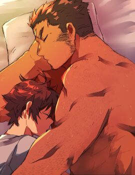 2boys bara bone_color919 couple cross_scar cuddling facial_hair from_above hairy highres houzouin_oniwaka lying male_focus mature_male medium_sideburns multiple_boys muscular muscular_male on_bed on_side profile protagonist_4_(housamo) protected_link scar scar_on_face scar_on_forehead short_hair sideburns_stubble size_difference sleeping sparse_arm_hair stubble thick_eyebrows tokyo_houkago_summoners yaoi