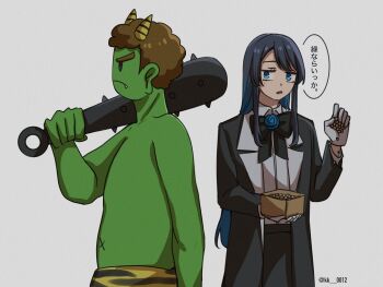 Rule 34 | 1boy, 1girl, ado (utaite), black bow, black bowtie, black coat, black hair, blue eyes, blue hair, bow, bowtie, chando (ado), club (weapon), coat, colored inner hair, colored skin, commentary request, gloves, green skin, grey background, highres, keeko (kk 0012), long hair, mole, mole under eye, multicolored hair, oni, open mouth, simple background, translation request, twitter username, weapon, white gloves