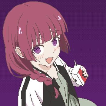 Rule 34 | 1girl, :>, @ @, alcohol carton, black bow, black nails, blunt bangs, blush, bocchi the rock!, bow, braid, commentary request, dress, drink carton, fang, from above, green dress, hair bow, hair over shoulder, hand up, highres, hiroi kikuri, holding, jacket, long hair, looking at viewer, multicolored jacket, open mouth, pixel art, purple background, purple eyes, purple hair, simple background, single braid, smile, solo, two-tone jacket, yuru kaze