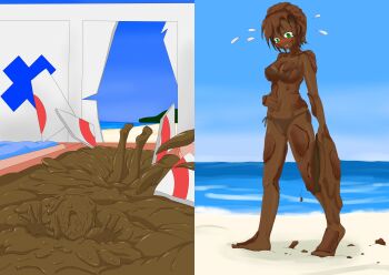 beach bikini blue_sky blush dirt dirty dirty_face dirty_feet dirty_hands game_show haruma_(messy_illust) highres mud ocean sand sky swimsuit tada_riina wet_and_messy