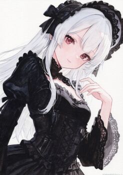 1girl absurdres black_bonnet black_corset black_shirt black_skirt blush bonnet breasts cleavage_cutout clothing_cutout commentary_request corset dutch_angle frilled_shirt frills gothic_lolita highres lace-trimmed_sleeves lace_trim lolita_fashion long_hair looking_at_viewer mannmaruu_(ono) original painting_(medium) red_eyes shirt simple_background skirt small_breasts solo straight_hair traditional_media very_long_hair watercolor_(medium) white_background white_hair