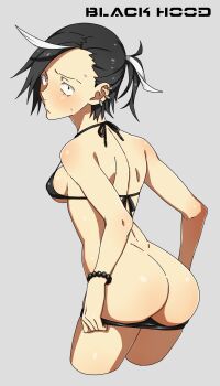1girl ass bikini bikini_bottom_pull black_hair bracelet breasts butt_crack clothes_pull commentary_request cropped_legs earrings highres iwado_anna jewelry kamezaemon looking_back multicolored_hair original ponytail pulling_own_clothes revision sideboob small_breasts solo streaked_hair swimsuit two-tone_hair white_hair
