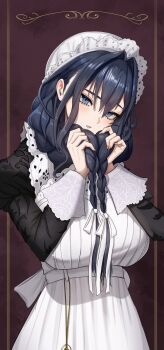 1girl absurdres apron black_dress blue_eyes blue_hair braid breasts commentary dress embroidery english_commentary frilled_hat frills from_above hair_between_eyes hair_intakes hair_over_shoulder hat highres holding holding_own_hair hololive hololive_english juliet_sleeves light_blush long_hair long_sleeves looking_at_viewer low_twin_braids maid maid_apron mob_cap official_alternate_costume official_alternate_hairstyle ouro_kronii ouro_kronii_(maid) parted_lips pocket_watch puffy_sleeves sleeve_cuffs solo twin_braids victorian_maid virtual_youtuber watch white_apron white_hat zenya