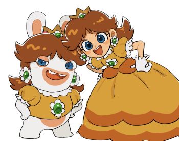 1girl 1other animal_ears blue_eyes breasts brown_hair buck_teeth cosplay crown dress earrings flower_earrings full_body gloves highres jewelry looking_at_viewer mario_(series) mario_+_rabbids_kingdom_battle mimimi_(mimimim9999) nintendo princess_daisy princess_daisy_(cosplay) rabbid rabbit_ears raving_rabbids smile teeth white_gloves