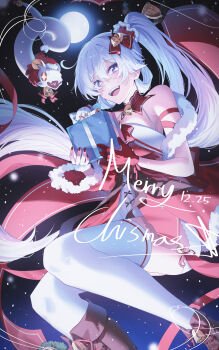 1girl absurdres alternate_costume blue_eyes box breasts christmas_present commentary commentary_typo diamond-shaped_pupils diamond_(shape) dress english_commentary full_moon gift gift_box gloves high_ponytail highres holding holding_gift honkai_(series) honkai_impact_3rd hyume_26 kiana_kaslana kiana_kaslana_(ba-dum!_fiery_wishing_star) large_breasts long_hair merry_christmas moon night open_mouth ponytail red_dress red_gloves red_nails rice_cake_(honkai_impact) single_glove smile snake solo symbol-shaped_pupils thighhighs thighs very_long_hair white_hair white_thighhighs