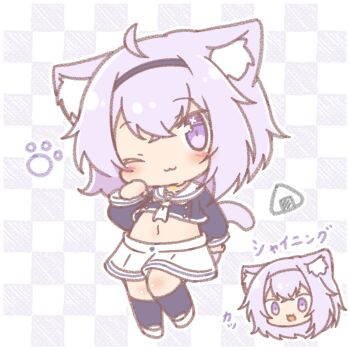 1girl :d ;3 animal_ear_fluff animal_ears black_shirt black_socks blush cat_ears cat_girl cat_tail checkered_background chibi closed_mouth commentary_request hand_up highres hololive loafers long_sleeves midriff mitarashi_neko navel nekomata_okayu nekomata_okayu_(school_uniform) one_eye_closed open_mouth paw_pose puffy_long_sleeves puffy_sleeves purple_eyes purple_hair sailor_collar shirt shoes shorts smile socks tail translation_request virtual_youtuber white_sailor_collar white_shoes white_shorts