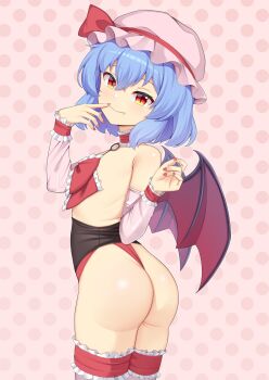 1girl akasaka_sato ass bat_wings blue_hair bow choker closed_mouth commentary_request detached_sleeves fang finger_to_mouth flat_chest frilled_bow frilled_choker frilled_thigh_strap frilled_wrist_cuffs frills from_behind hat hat_ribbon highres loli looking_at_viewer medium_hair mob_cap multiple_girls nail_polish paid_reward_available pink_hat pink_thighhighs polka_dot polka_dot_background red_bow red_choker red_eyes red_nails red_ribbon red_wrist_cuffs remilia_scarlet ribbon slit_pupils smile solo thigh_strap thighhighs touhou touhou_tag_dream twisted_torso wings wrist_cuffs
