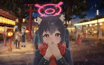 6+girls absurdres animal_ears black_hair black_jacket blue_archive cat_ears cat_girl chinese_commentary commentary_request dsfr halo hands_up highres jacket layered_sleeves long_hair looking_at_viewer multiple_girls open_mouth outdoors pink_eyes pink_halo red_scarf scarf serika_(blue_archive) shirt snowing torii twintails upper_body white_shirt