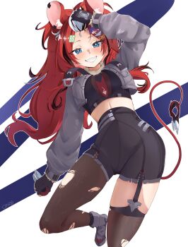 1girl absurdres adjusting_hair alternate_costume animal_ear_fluff animal_ears artist_name between_breasts black_hair black_streaks blue_eyes blush boots breasts breasts_apart combat_knife commentary cosplay crop_top earclip fingerless_gloves garter_straps gloves grey_jacket grin hair_ornament hairclip hakos_baelz high-waist_shorts highres holding holding_with_tail hololive hololive_english jacket jane_doe_(zenless_zone_zero) jane_doe_(zenless_zone_zero)_(cosplay) knife long_hair looking_at_viewer medium_breasts midriff mouse_ears mouse_girl mouse_tail multicolored_hair necktie official_alternate_hairstyle open_clothes open_jacket prehensile_tail pyrokuro red_hair shorts single_garter_strap smile tail thighhighs torn_clothes torn_thighhighs virtual_youtuber weapon white_hair zenless_zone_zero