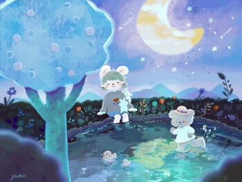 bird blush_stickers closed_eyes commentary_request crescent_moon duck flower hat highres moon mountainous_horizon night one_eye_closed original pond signature star_(sky) tree yuno_(yumonoie)