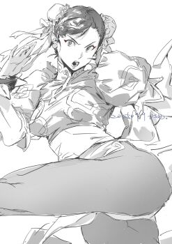 1girl amatuki bangle bracelet breasts bun_cover capcom china_dress chinese_clothes chun-li cowboy_shot dated double_bun dress earrings eyeliner fighting_stance furrowed_brow hair_bun hair_ribbon highres jewelry looking_at_viewer makeup medium_breasts open_mouth pantyhose pearl_earrings pelvic_curtain puffy_short_sleeves puffy_sleeves red_eyeliner ribbon short_sleeves sketch solo spiked_bracelet spikes spot_color street_fighter thighs upskirt white_background white_ribbon