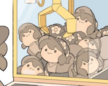 :3 brown_hair brown_hat closed_mouth commentary crane_game english_commentary floral_print floral_print_hat hat highres original print_hat smile solid_oval_eyes tem_loaf_(temmie_chang) temmie_chang temmie_chang_(character) white_background